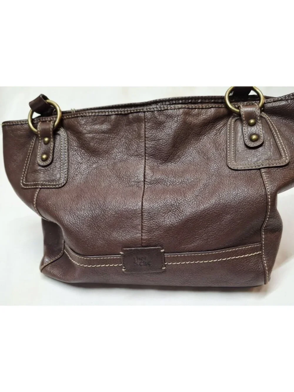 The Sak Brown Pebbled Leather Shoulder Bag With Printed Fabric Lining & Brass Ha